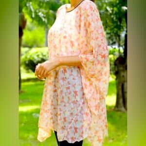 Orange Chiffon Sheer Caftan Watercolor Floral Print